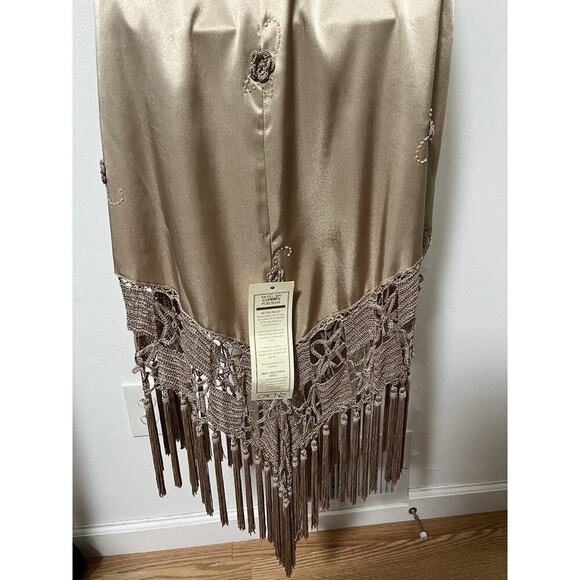 VTG Cache Satin Macrame Fringe Beaded Midi Dress Size 8 Formal Event Y2K Fairy - Picture 8 of 11